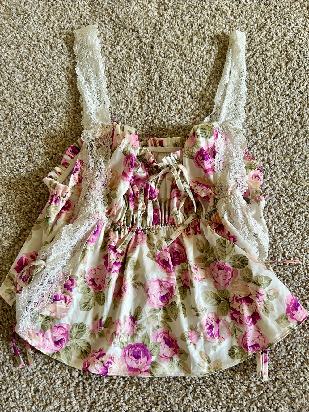 For Love and Lemons Floral Lace-Trim Tank Top in Cream and Pink